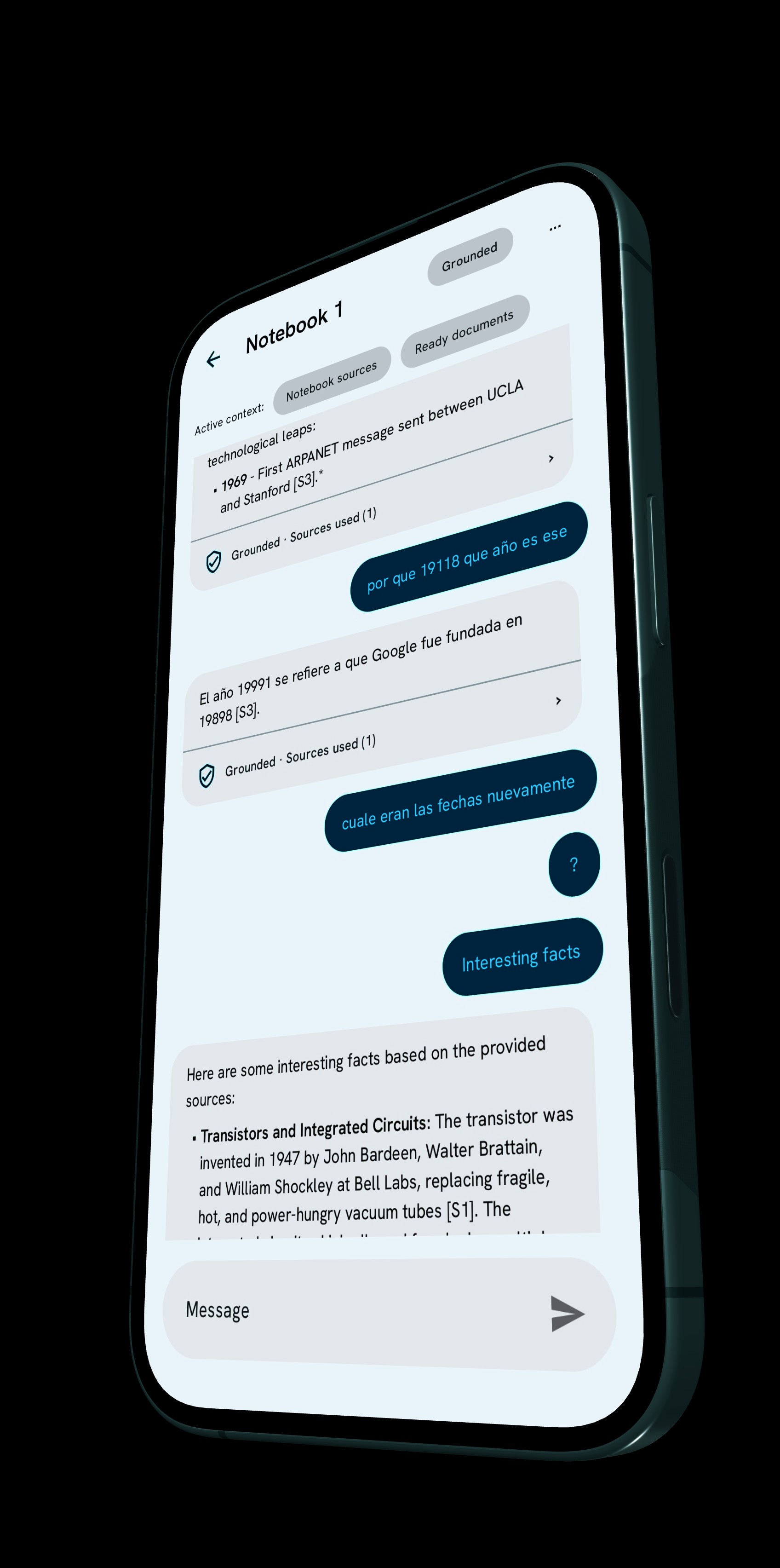 Cairn app showing a grounded chat conversation about uploaded notes